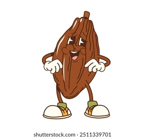 Cartoon groovy cocoa bean character. Isolated vector playful, healthy, confident seed showcasing cheerful and energetic smile. Chocolate bean personage with expressive eyes, retro gloves and sneakers