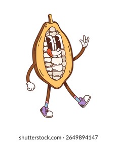 Cartoon groovy cocoa bean character. Isolated vector playful, healthy nut half showcasing seeds inside. Cheerful and energetic chocolate bean personage with expressive eyes, smile and retro sneakers