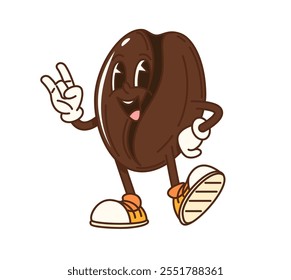 Personaje de grano de café groovy de dibujos animados con cara divertida, emoji retro de Vector. Grano de café Groovy con sonrisa feliz y gesto fresco de los dedos en buen rollo en zapatos hipster para el personaje de dibujos animados retro de café