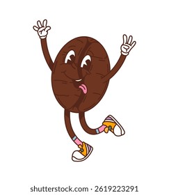 Cartoon groovy coffee bean character. Isolated vector playful, roasted brown seed y2k personage showcasing cheerful energetic smile. Funny bean or nut with expressive eyes, retro gloves and sneakers