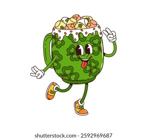 Cartoon groovy coffee cup character with marshmallow, saint Patrick day holiday drink or beverage retro y2k personage. Isolated vector green friendly mug with cocoa or chocolate and shamrock pattern