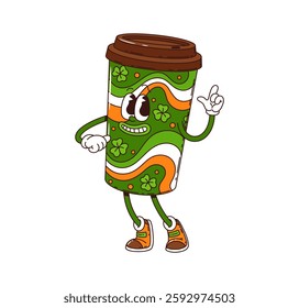 Cartoon groovy coffee cup character, saint Patrick day holiday retro personage. Isolated vector green disposable mug of hot drink with Irish flag and clovers pattern, cheerful face and funky y2k vibes