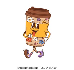 Cartoon groovy coffee disposable cup character. Street cafe takeout coffee retro cartoon vector personage. Takeaway espresso or latte beverage disposable paper cup mascot with daisy flowers print