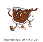 Cartoon groovy coffee glass cup funny character. Cafe coffee drink mug 60s 70s groovy vector character. Restaurant tea or hot chocolate cup funny hurrying and running isolated cartoon personage