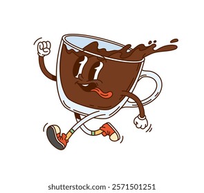 Cartoon groovy coffee glass cup funny character. Cafe coffee drink mug 60s 70s groovy vector character. Restaurant tea or hot chocolate cup funny hurrying and running isolated cartoon personage