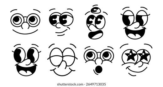 Cartoon groovy comic set. Vintage retro with cartoon faces expressing different emotions. Design Elements for Character Constructor.