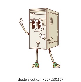 Cartoon groovy computer character with expressive eyes exuding funky retro y2k vibe. Isolated vector vintage nostalgic processor personage highlights friendly technology and joy of digital innovation