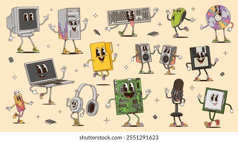 Cartoon groovy dispositivos de computador, caracteres retro de aparelhos de pc e laptop eletrônico. Teclado vetor psicodélico do computador de mesa, monitor groovy, usb, mouse e personagens do microfone