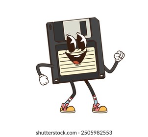 Cartoon groovy computer diskette retro character. Isolated vector vintage anthropomorphic floppy disk personage with a happy face, wearing sneakers, standing with a confident pose, and nostalgic vibes