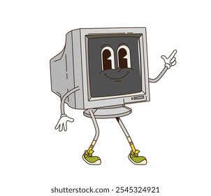 Cartoon groovy computer display retro character with funny face, vector funky comic. Groovy freaky old display of desktop PC computer with happy funny smile on positive vibes for emoji emoticon