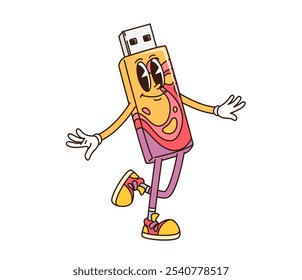 Personaje retro de la unidad flash de la computadora groovy de la historieta. Vector aislado USB flash drive funky y2k personaje con ojos expresivos, exudando un ambiente animado y juguetón, mientras sonríe alegremente en pose juguetona