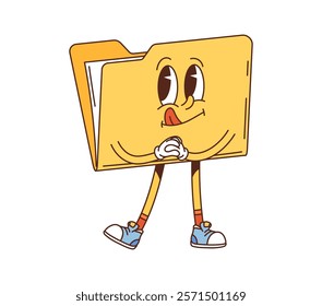 Cartoon groovy computer folder character with yellow body, joyful face, big expressive eyes, and playful pensive pose with sticking tongue. Isolated vector retro personage exudes nostalgia and fun