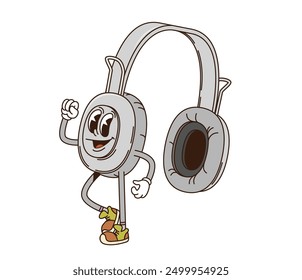 Cartoon groovy computer headphs retro character. Isolated vector pair of earphs with a happy face, standing with arm raised in excitement gesture. Vintage nostalgic music equipment personage