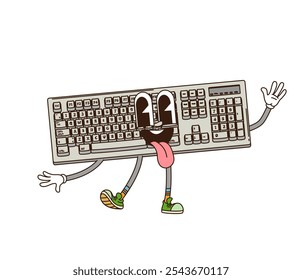 Cartoon groovy computer keyboard retro character with expressive eyes, sticking out its tongue and waving hand. Isolated vector playful technology personage with a funky vibe and cheerful expression