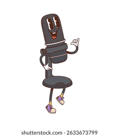 Cartoon groovy computer microphone retro character. Isolated vector vintage, playful sound equipment personage with sneakers, happy face and joyful expression and making shaka sign