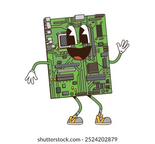 Cartoon groovy computer mother board retro character with funny face, vector funky comic. Groovy freaky laptop or PC motherboard chipset with happy smile on positive vibes for digital emoji