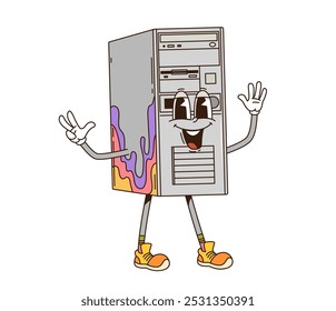 Cartoon groovy computer PC case retro character with funny face, vector funky comic. Groovy freaky old desktop PC computer with happy funny smile on positive vibes with Hi or peace sign gesture