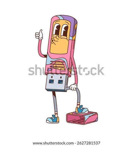 Cartoon groovy computer USB flash memory character with funny face, vector personage. Groovy USB flash memory dongle with thumb up gesture and happy whistling for computer character in retro cartoon