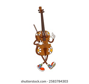 Cartoon groovy contrabass, double bass musical instrument character with smiling mustached face and bow in hand playing classic music. Vector musician equipment personage ready for orchestra concert