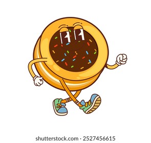 Cartoon groovy cookie character with colorful sprinkles walking joyfully with playful and amusing vibes. isolated vector happy bakery, treat, dessert personage conveying retro fun and culinary delight