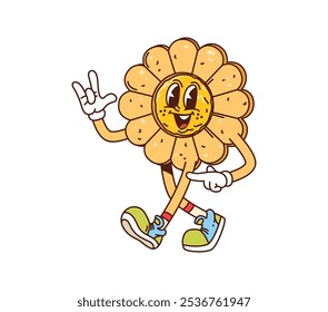 Caricatura groovy galleta, pastelería y panadería personaje. Personaje de postre dulce feliz de Vector aislado en forma de zapatillas de deporte con flores, signo de roca intermitente con expresión alegre, exudando vibraciones estrafalarias