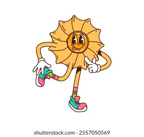 Cartoon groovy cookie, pastry and bakery character with a circular shape and ruffled edges. Isolated vector fun and energetic biscuit retro personage joyfully posing with playful face and tongue out