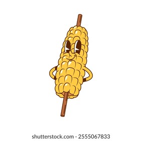 Cartoon groovy corn on a skewer fast food character. Isolated vector cheerful maize cob vegetable retro personage with ripe kernels and joyful face expression, ready for barbecue party or party outing