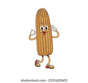 Cartoon groovy corn vegetable character. Isolated vector cheerful maize cob, farm vegetable grill personage with ripe kernels and joyful face expression, waving hands, ready for retro barbeque party