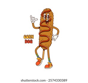 Cartoon groovy corndog Korean cuisine food character. Vector funny hotdog or corn dog, street junk food retro personage flashing shaka gesture. Take away meal with sausage on stick and funky vibe