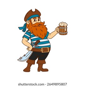 Cartoon groovy corsair or pirate character with beer pint and saber sword, vector personage. Groovy pirate or boatswain in captain hat, Caribbean sailor skipper or corsair with wooden mug of beer ale