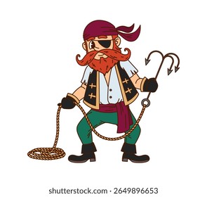 Cartoon groovy corsair ou personagem pirata com gancho de luta, personagem vetorial. Engraçado groovy pirata ou boatswain em bandana e corsário tapa, velejador caribenho capitão com gancho de barba grappler