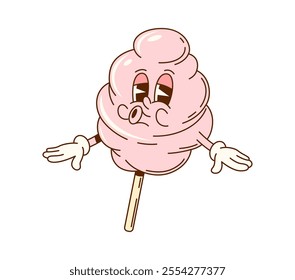 Cartoon groovy cotton candy fast food character. Isolated vector funny hippie dessert, sweet pink, fluffy, retro treat personage with sugar spun tendrils and sneakers embodying sugary funfair joy