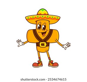 Cartoon groovy cowboy and bandit math plus sign character wearing a sombrero hat. Isolated vector playful whimsical mathematical addition symbol personage adds up equations in the wild west frontier