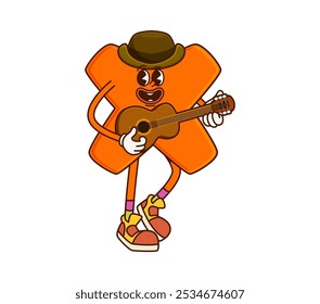 Cartoon groovy cowboy , and bandit multiplication math symbol character plucking tunes on a guitar. Isolated vector whimsical stockrider personage adds a numerical twist to the Wild West adventures