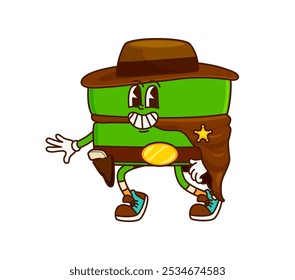 Cartoon groovy cowboy, xerife, personagem de símbolo matemático equação. Vetor isolado retro-personagem adornado em equações de engrenagem ocidental e garantindo a justiça aritmética na fronteira matemática