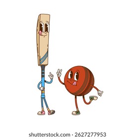 Cartoon groovy jogador de críquete e personagens de esporte bola têm rostos expressivos, tênis e fazer sinal de paz, representando amizade, trabalho em equipe e amor para o jogo com expressão alegre e vibração esportiva