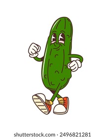 Cartoon groovy cucumber vegetable character with expressive eyes, gloves, and sneakers, confidently walking or strutting. Isolated vector playful and charming retro veg personage, healthy farm food