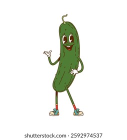 Cartoon groovy cucumber vegetable character with funky and playful expression, wearing casual sneakers and happily posing. Isolated vector ripe and fresh farm veggie personage promotes healthy eating