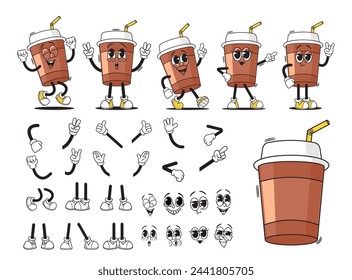 Cartoon Groovy Cup Of Hot Coffee or Tea Drink Character Creation Kit. Vector Collection Of Disposable Mugs Animation