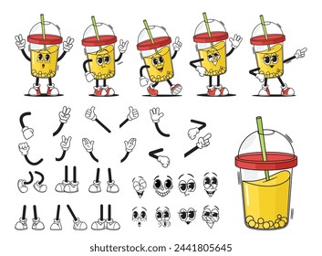 Cartoon Groovy Cup Of Soda, Juice, Lemonade Drink Character Creation Kit. Vector Retro Plastic Mug with Dome Lid