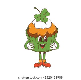 Cartoon groovy cupcake character, Saint Patrick day dessert personage. Isolado vetor funky retro muffin irlandês com folha de trevo verde no topo. Comida festiva doce tradicional da Irlanda