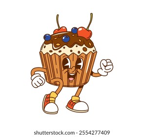 Cartoon groovy cupcake fast food character. Isolated vector muffin retro personage topped with blueberries and cherries exudes funky hippie vibes, blending sweetness and charm with touch of nostalgia