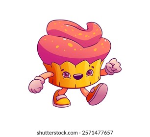 Cartoon groovy cupcake valentine day character. Isolated vector whimsical retro food personage, pink sweet muffin exudes funky y2k vibes, blending sweetness and hippie charm with a touch of nostalgia