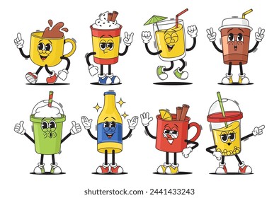 Cartoon Groovy Cups And Bottle. Collection Of Animated, Smiling Drink Characters, Each Exuding Its Unique Personality