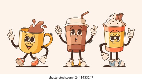 Cartoon Groovy Cups Of Drinks Lively Anthropomorphic Personages. Chill Tea, Jazzy Coffee And Funky Latte Beverage Mugs