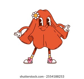 Cartoon groovy cute towel character with funky y2k vibe, smiling and wearing sneakers. Isolated vector household item retro personage with friendly face, bright red color and adorned with daisy flower