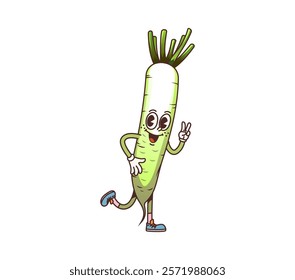 Cartoon groovy daikon vegetable character with big, expressive eyes and a friendly smile standing on one leg and flashing a peace sign. Isolated vector radish farm food personage exudes playful vibes