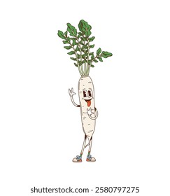 Cartoon groovy daikon vegetable character with big, expressive eyes and a friendly smile flashing a funky rock hand gesture. Isolated vector radish, farm food retro personage exudes playful vibes