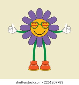 Cartoon groovy daisy flower with sunglases in trendy 70s style. Vetor