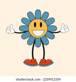 Cartoon groovy daisy flower in trendy 70s style. Vetor illustration